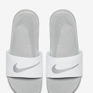 Metallic Swoosh Grey and White Nike Slides